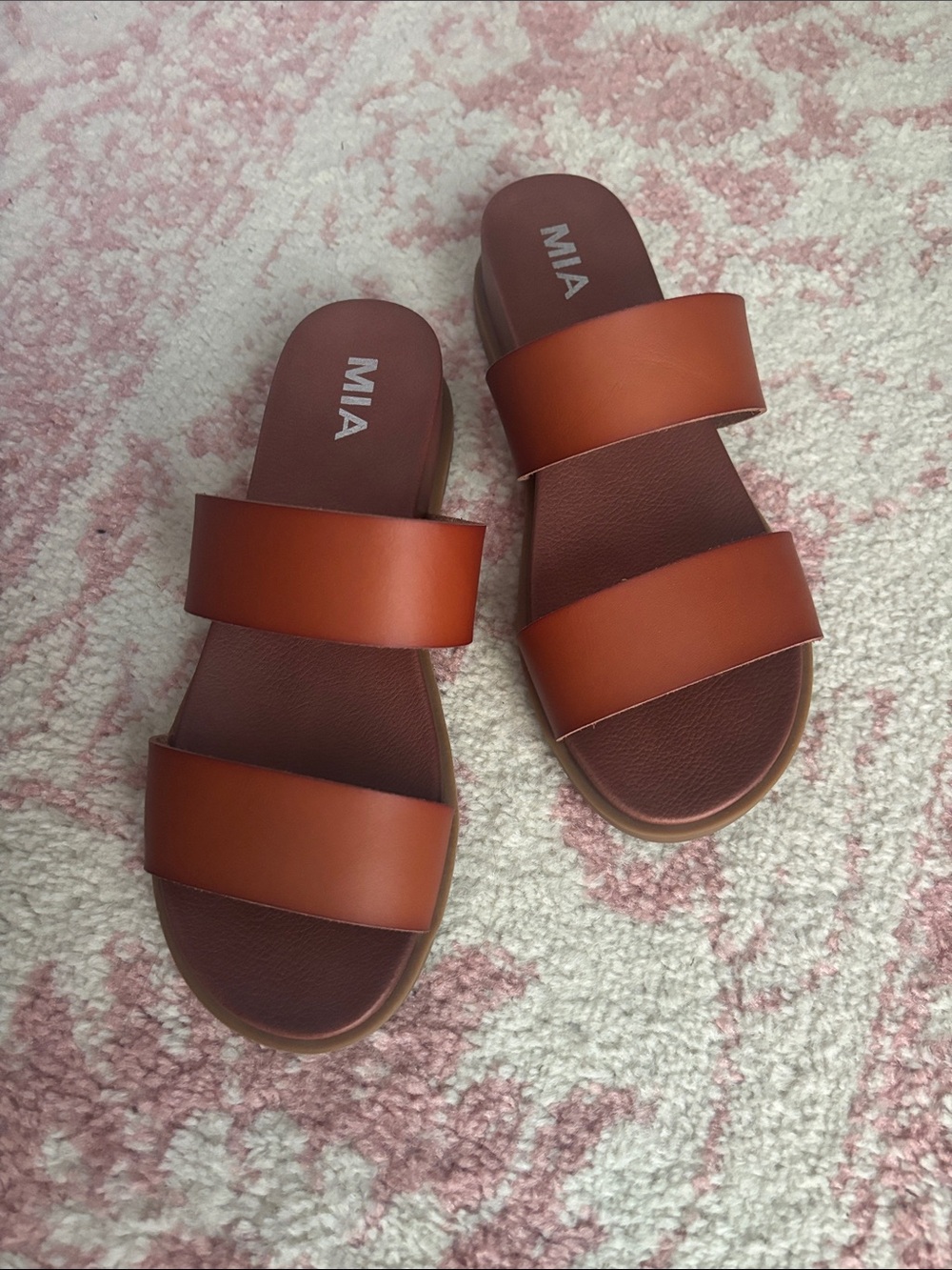 MIA Two-Strap Slide Sandals in Cognac
